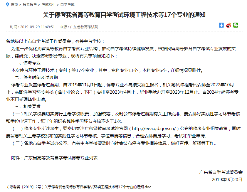 广东省自学考试环境工程技术等17个专业停考的通知(图1)
